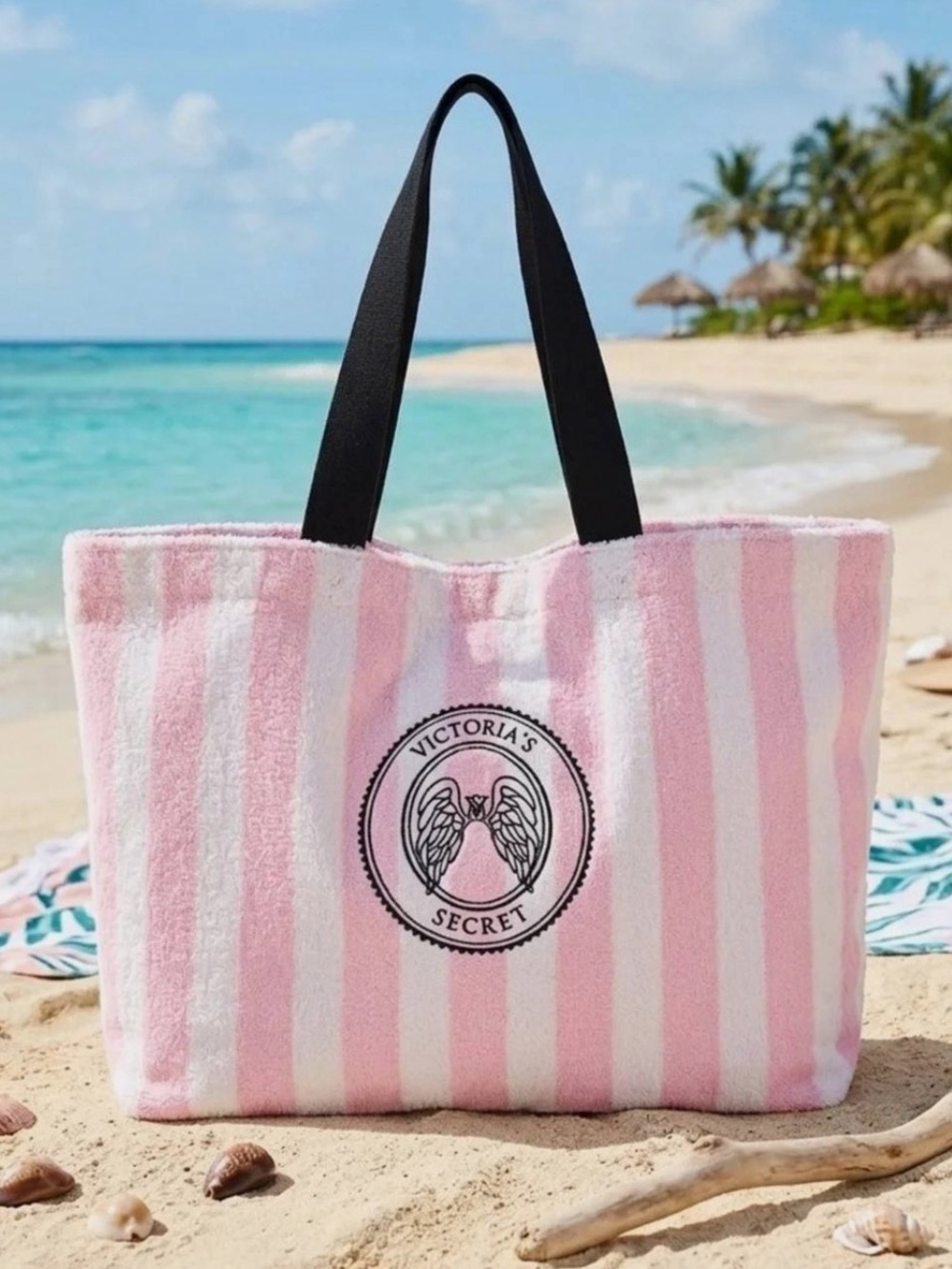 NWT Victoria's Secret Pink & White Striped Logo Terry Cloth Tote with Black Hand